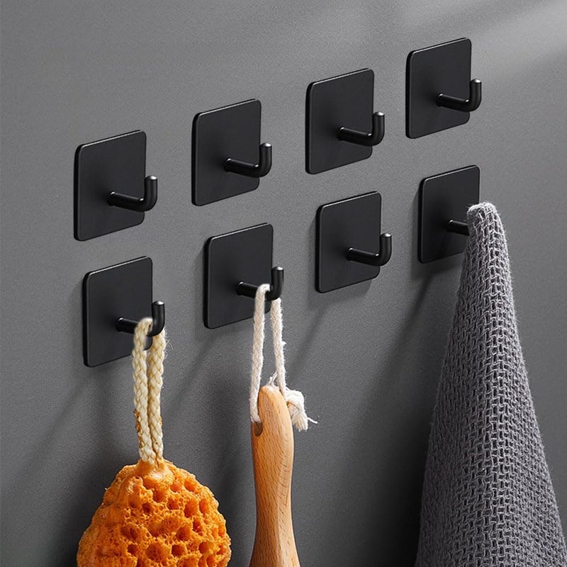 EDMILE Adhesive Hooks for Hanging, Self-Adhesive Wall Hook for Key Hat Coat, No Drill Stick on Bathroom Towel Hooks, Shower Kitchen Door Home Outdoor 8 Pack, Black - Image 1